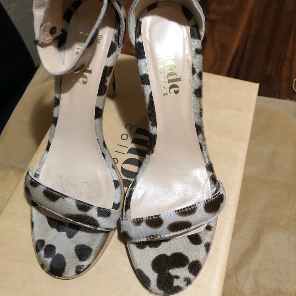 The Mode collective Leopard fur ankle strap sandal